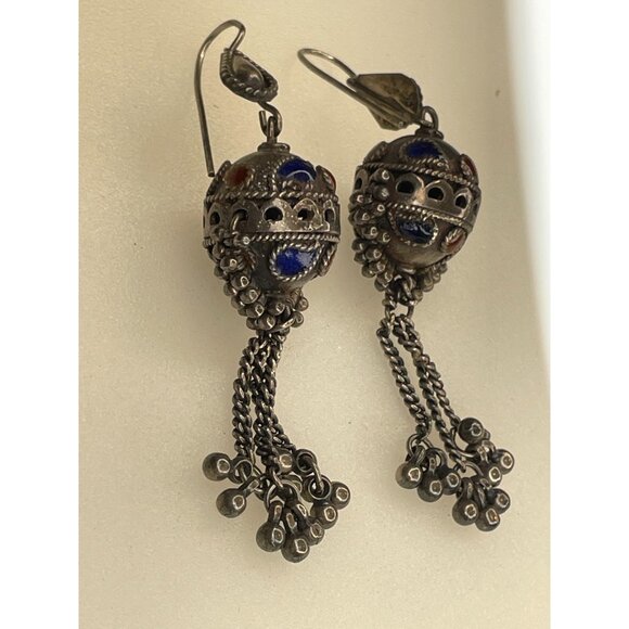 Fabulous Older Vintage Silver & Enamel Morrocan Berber Earrings - Picture 10 of 12